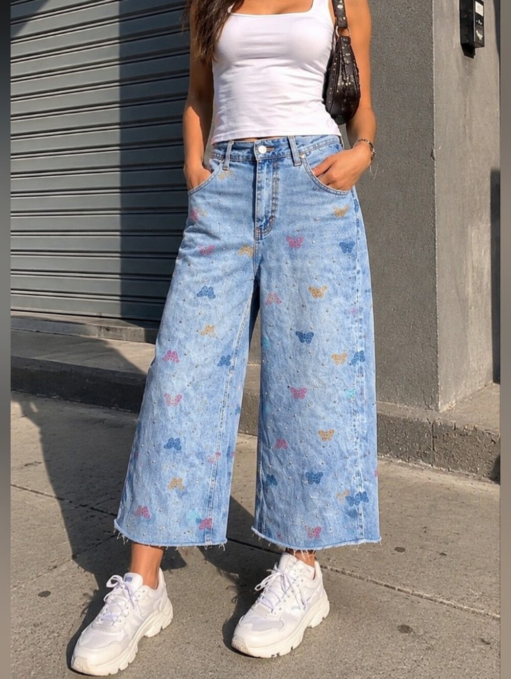 BDG Light Wash Butterfly Embroidered Studded Wide Leg Jeans 100% Cotton Y2K